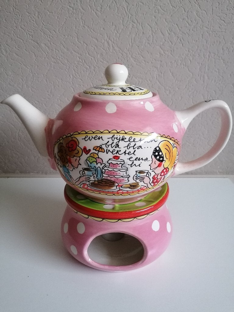 Blond servies `Even bijkletsen` Theepot + theelichthouder, Ophalen, Zo goed als nieuw, Aardewerk, Overige typen