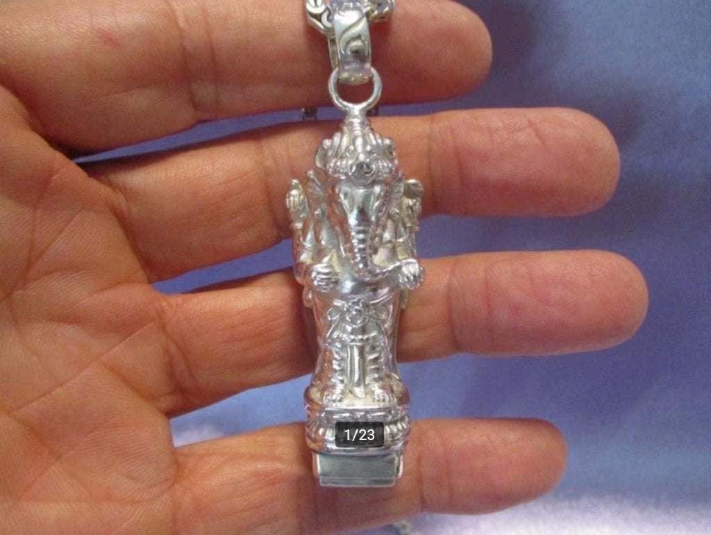 Balinese Ganesha & Tempelwachter halsketting, big blue topaz, Verzamelen, Religie, Verzenden, Nieuw, Sieraad, Hindoeïsme