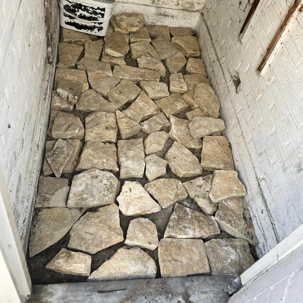 ruim 2 m2 zandkleurige flagstones, Ophalen, Gebruikt, Terrastegels, Natuursteen