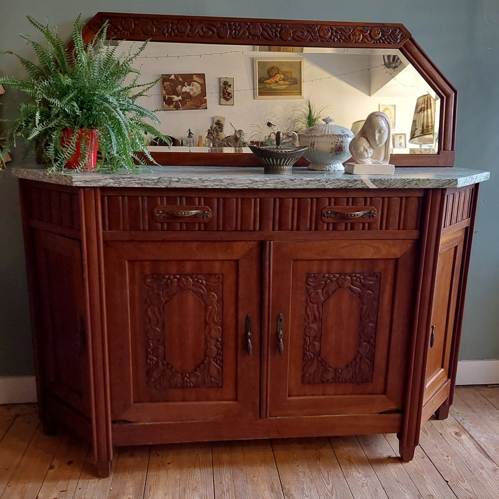 Antiek hoog dressoir XL met marmer bovenblad & Spiegel, Antiek en Kunst, Ophalen of Verzenden
