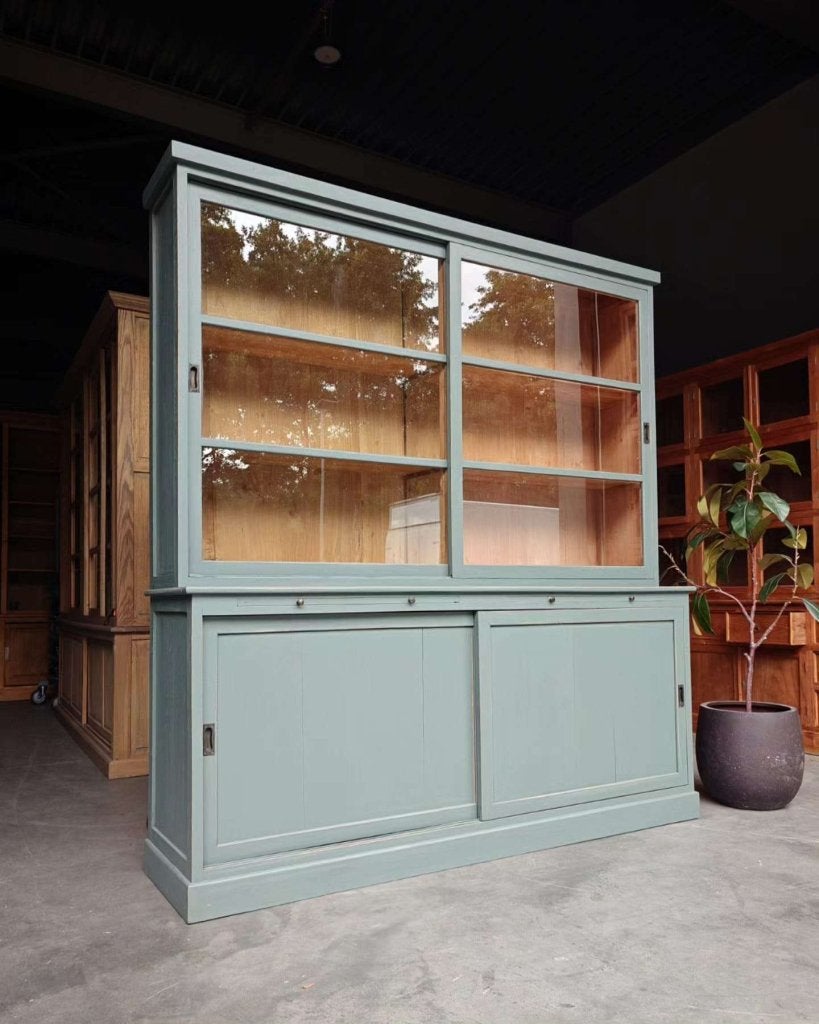 Vintage teakhouten schoolkast | Buffetkast blauw/grijs #8251, Gebruikt, -, 200 cm of meer, -