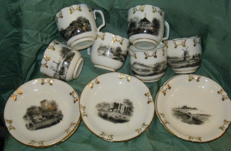 6 antieke kop en schotels Grisaille hand beschilderd, Ophalen of Verzenden
