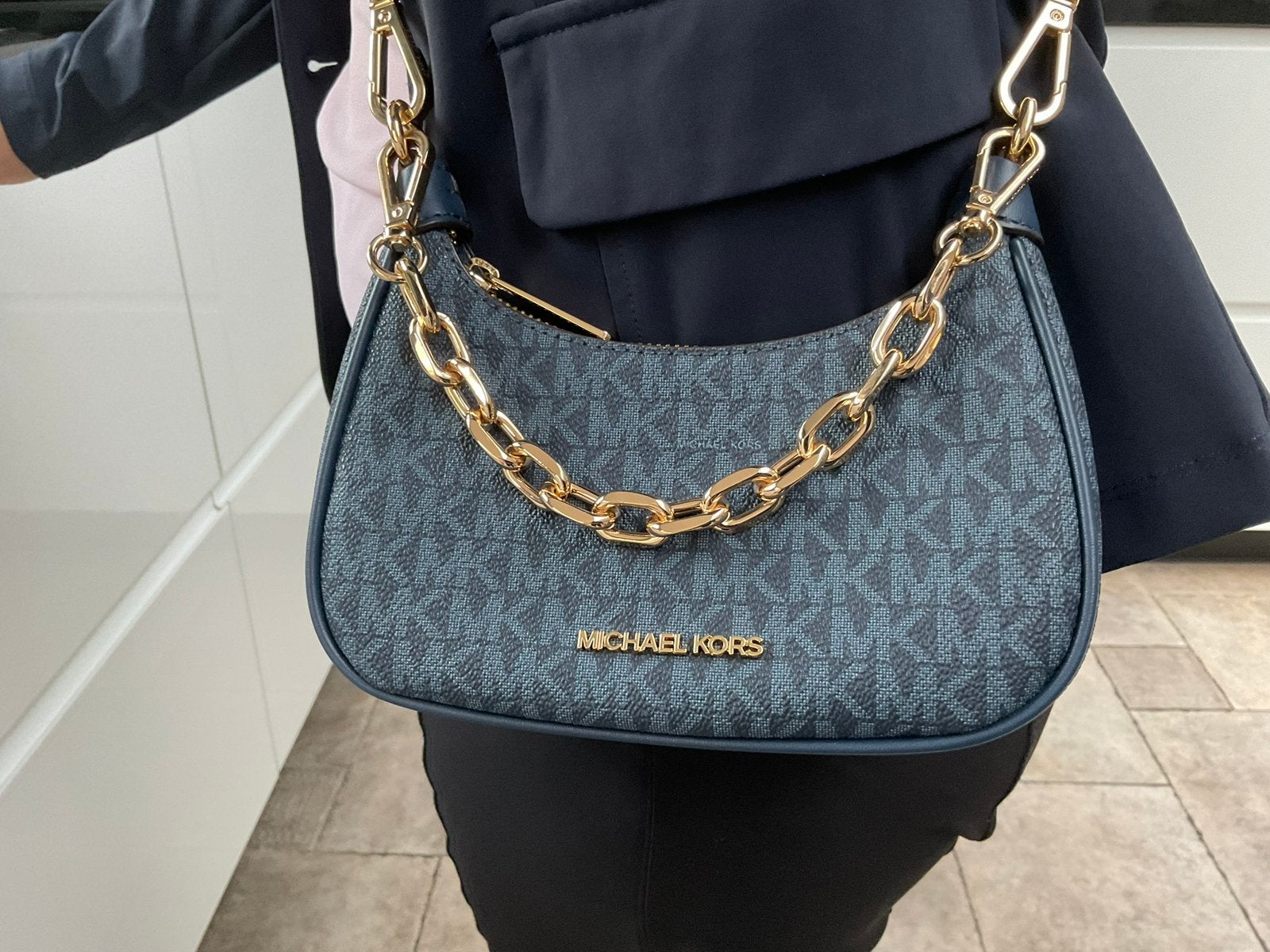 Michael Kors Tas Labelprint, Ophalen, Zo goed als nieuw, Blauw, Schoudertasje