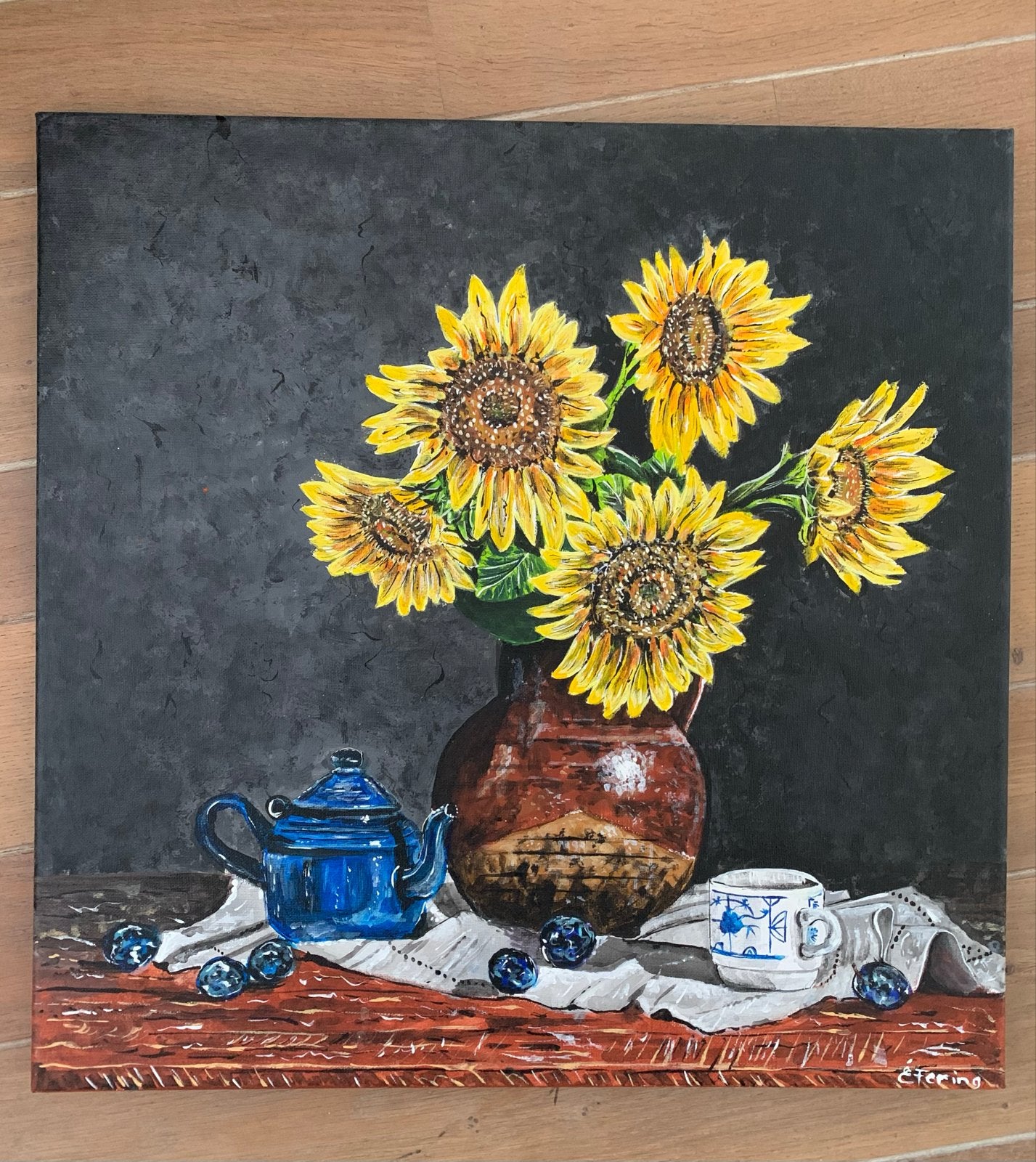 Zonnebloemen stilleven - Acryl op doek 50x50 cm, Antiek en Kunst, Acrylverf, Stilleven, Textiel, Gelakt/vernis