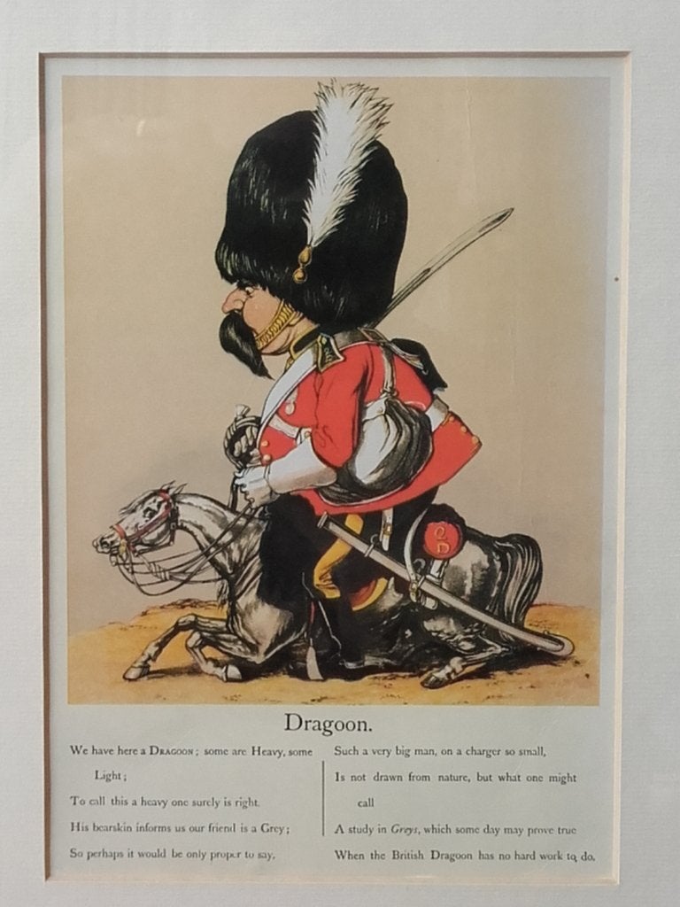 Karikatuur militaria prent uit Engeland van een Dragoon., Ingelijst, Ophalen of Verzenden, Personages en Fantasiefiguren