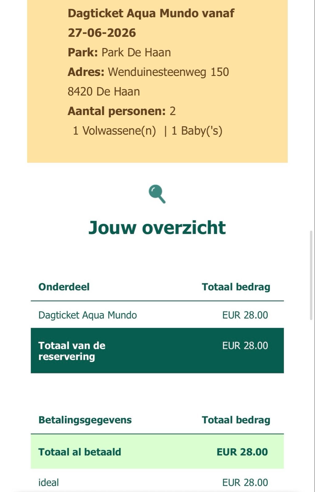 Dagticket Aqua Mundo Center Parcs Park de Haan, Eén persoon, Ticket of Toegangskaart