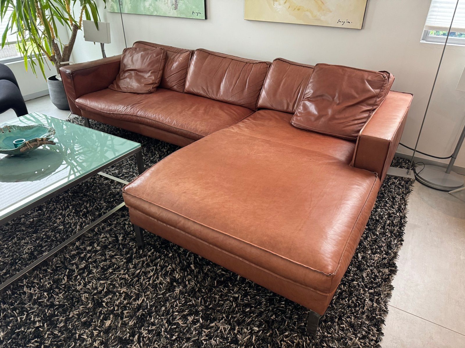 Leren hoekbank Albufera cognac met chaise longue, Ophalen, 250 tot 300 cm, Gebruikt, Hoekbank