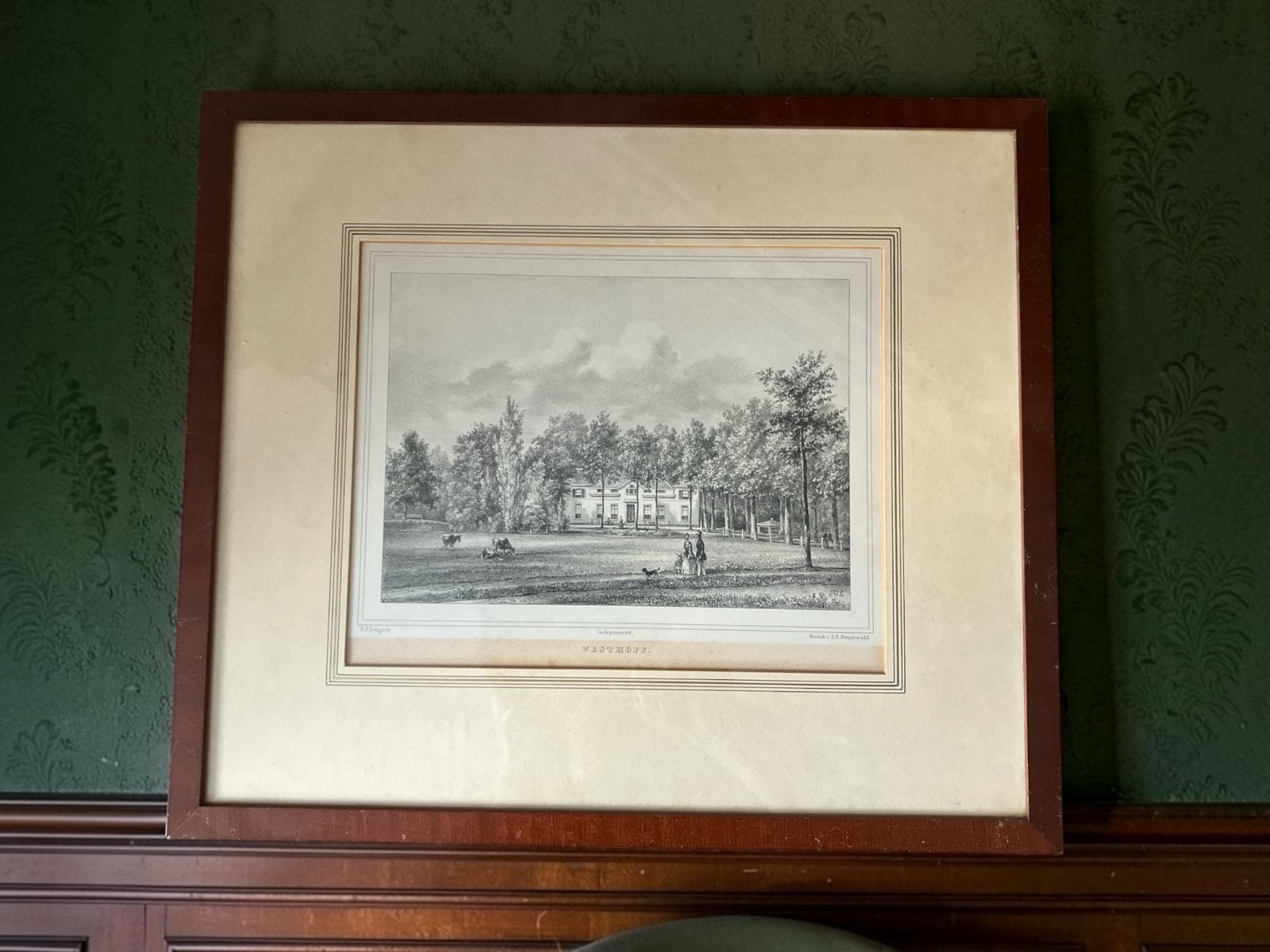 landgoed Westhoff 1855  Lunteren door PJ Lutgers, Ingelijst, 1800 - 1899, Ophalen of Verzenden, Landschap
