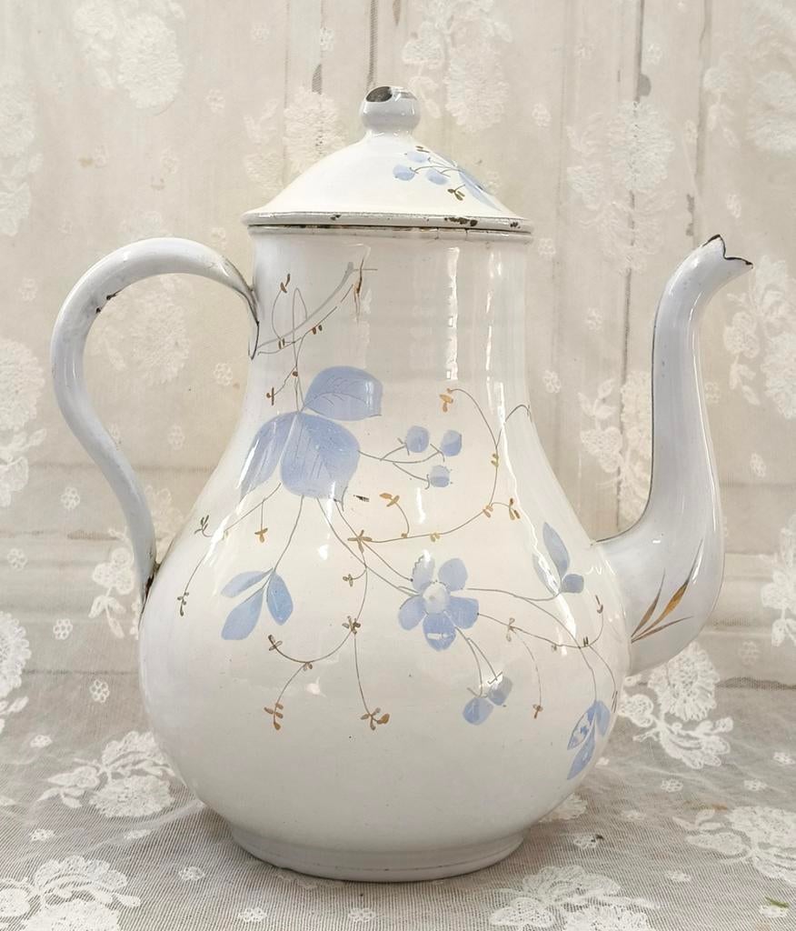 Oud emaille gebloemde koffiepot, Antiek en Kunst, Ophalen of Verzenden