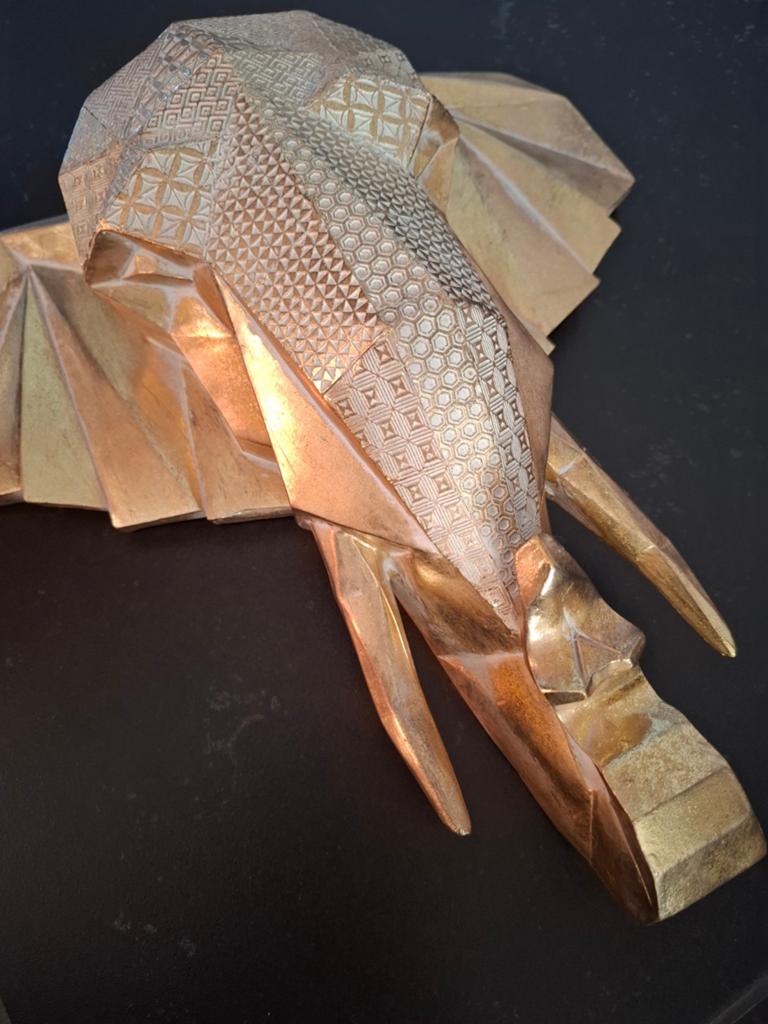 Gouden olifantenkop wanddecoratie - Origami stijl, Kunststof, Ophalen of Verzenden, Wanddecoratie, 20 - 50 cm