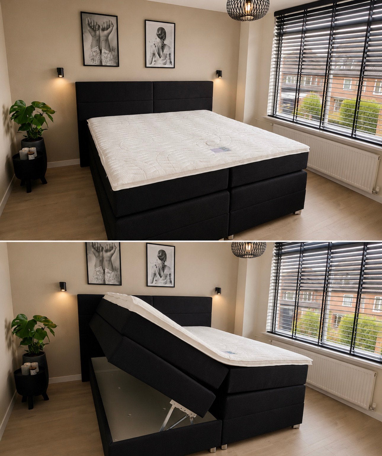 Miodormio Boxspring met Opbergruimte en Topper, Ophalen, Zwart, Tweepersoons, Zo goed als nieuw