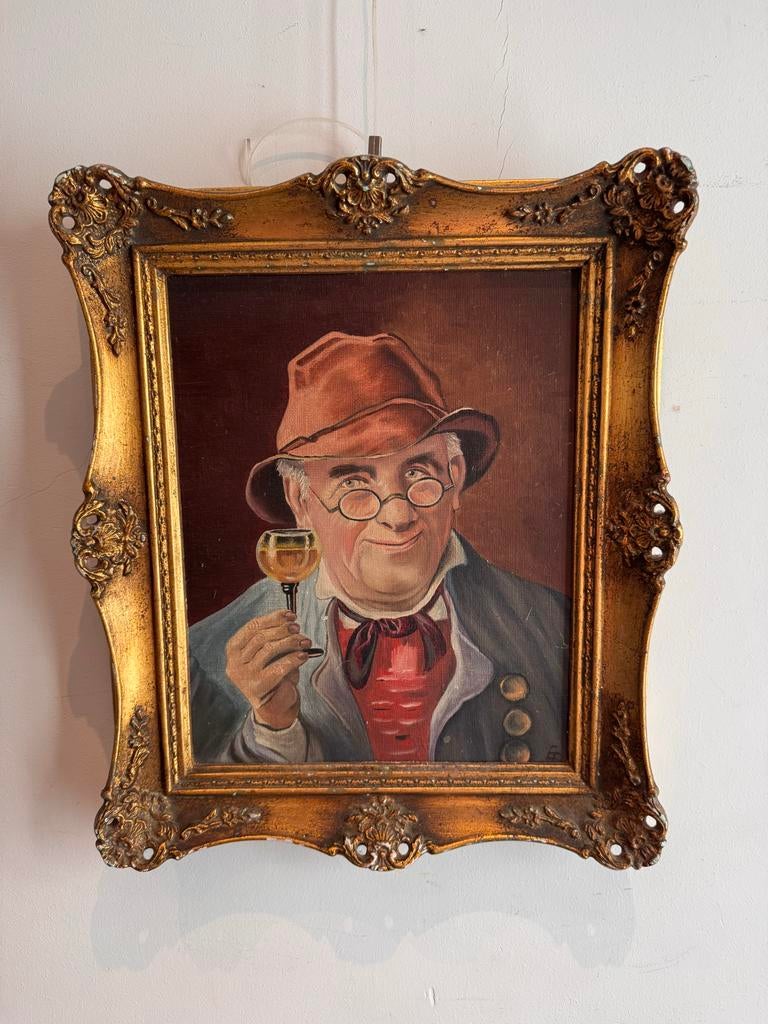 Schilderij: Man met Hoed, Bril en Witte Wijn, Antiek en Kunst, Ophalen of Verzenden