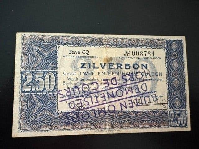 zilverbon 2,5 gulden biljet 1938 buiten omloop, Postzegels en Munten, Bankbiljetten | Nederland, Ophalen of Verzenden, 1 gulden