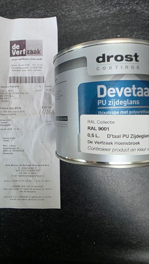 Drost Devettaal PU Zijdeglans RAL 9001 - 0,5 liter, Ophalen of Verzenden, Nieuw, Wit