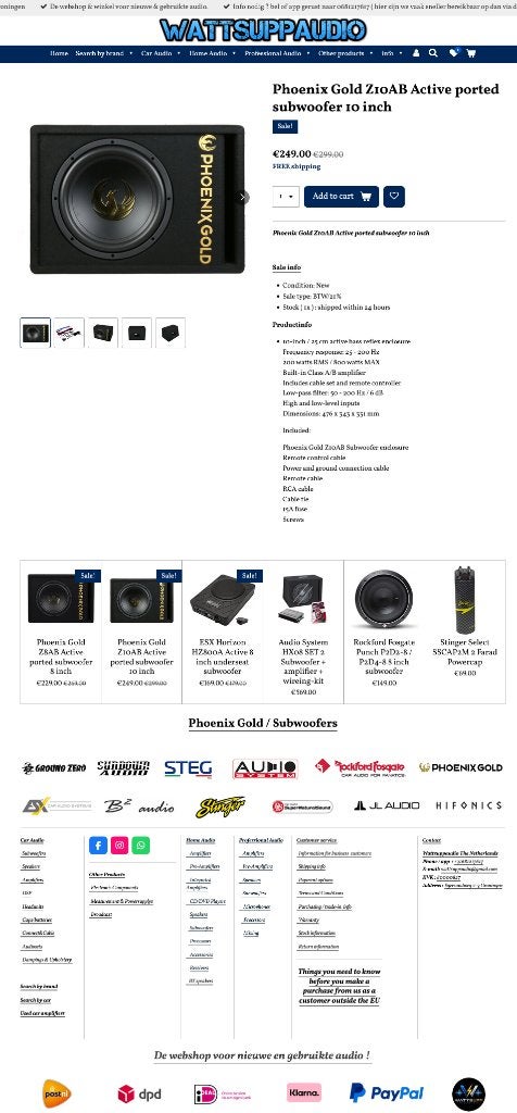 Phoenix Gold Z10AB Active ported subwoofer 10 inch + kabels, Hifi-Focus, Aalsmeerderweg 173 1432 CL, Aalsmeer, Nieuw, Ophalen of Verzenden