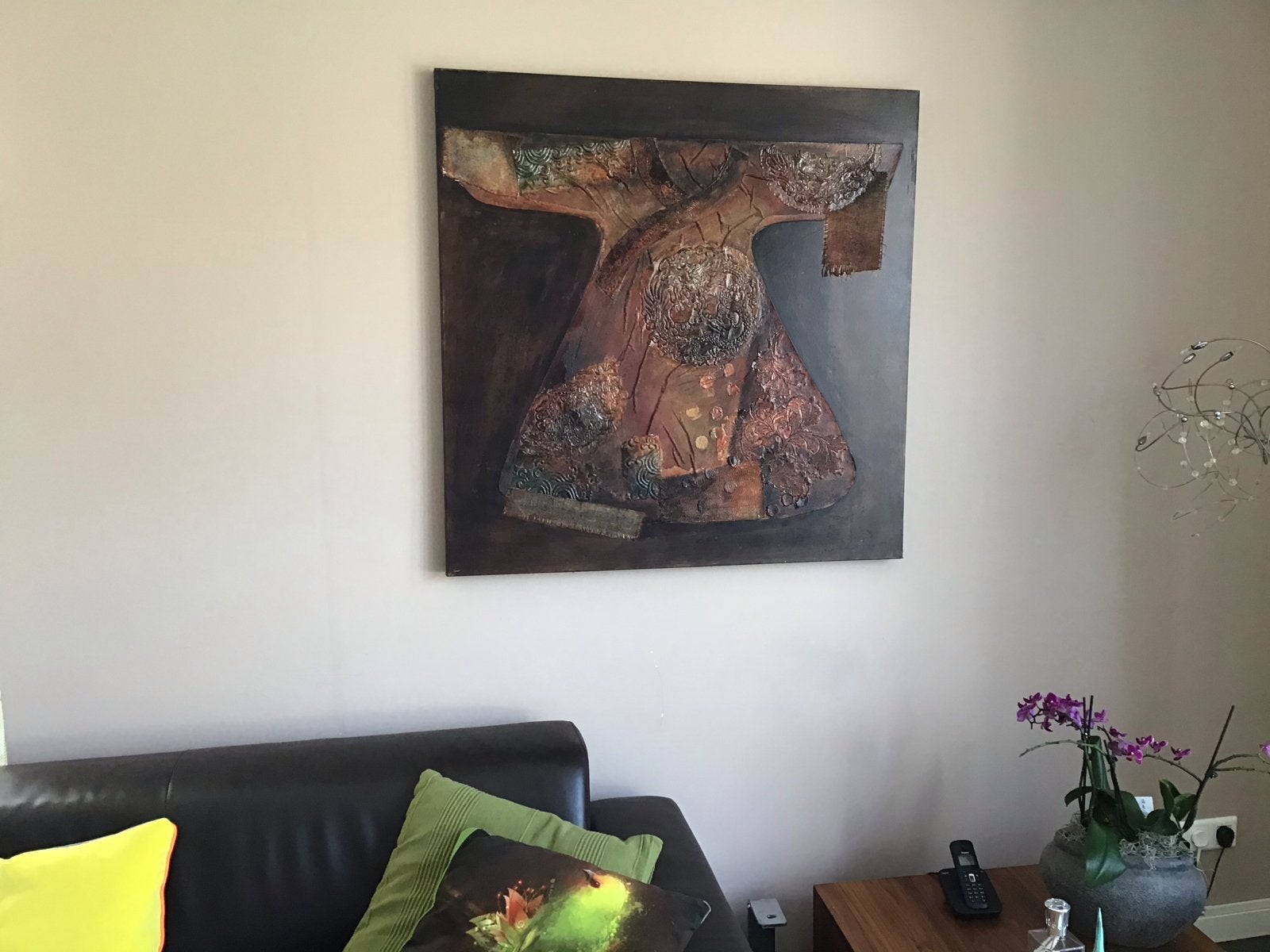Abstract schilderij met textuur en warme kleuren, Ophalen, Zo goed als nieuw, Schilderij, 75 tot 100 cm