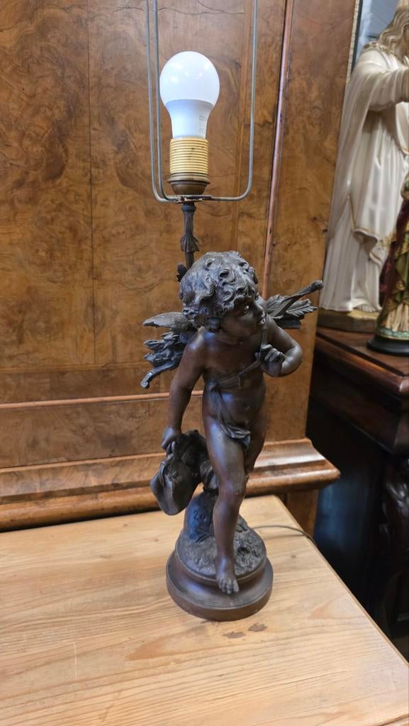 Antieke Franse Cupido Lamp - Brons/Legering, Gesigneerd, Antiek en Kunst, Ophalen