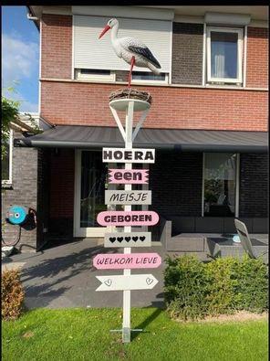 Geboortebord Ooievaar Jongen/Meisje te huur, Ophalen, Gebruikt, Geboortebord