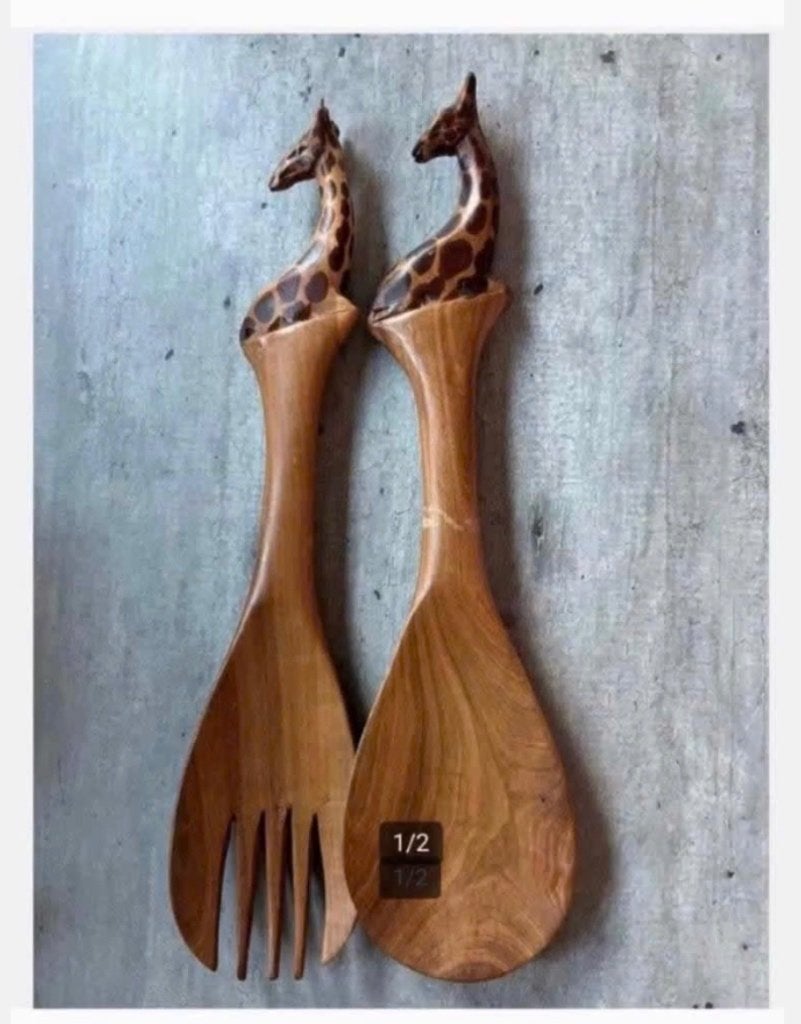 Houten Sla Bestek, Giraffe, Set, 31 cm, Ophalen of Verzenden