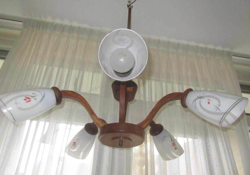 Vintage hanglamp; 5 lichtpunten/glazen kelken, Ophalen of Verzenden