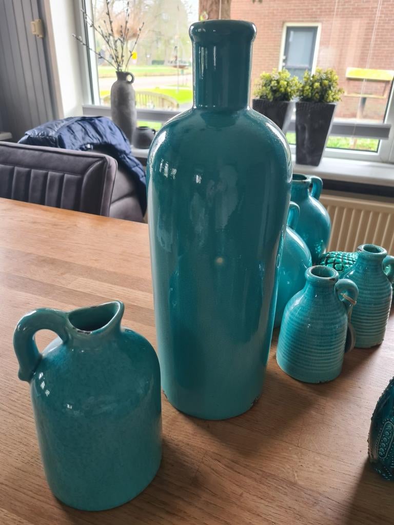 Aqua blauwe deco kruiken /vazen, Ophalen of Verzenden, Blauw, Glas, Minder dan 50 cm