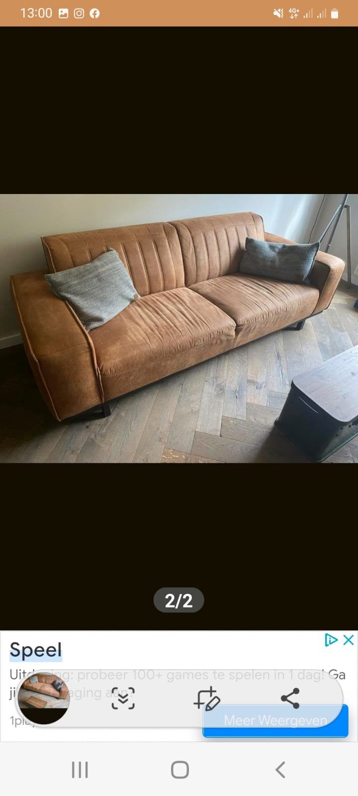 Lekkere gemakkelijke bank., Ophalen, Leer, Suede bekleding, ijzeren pootjes