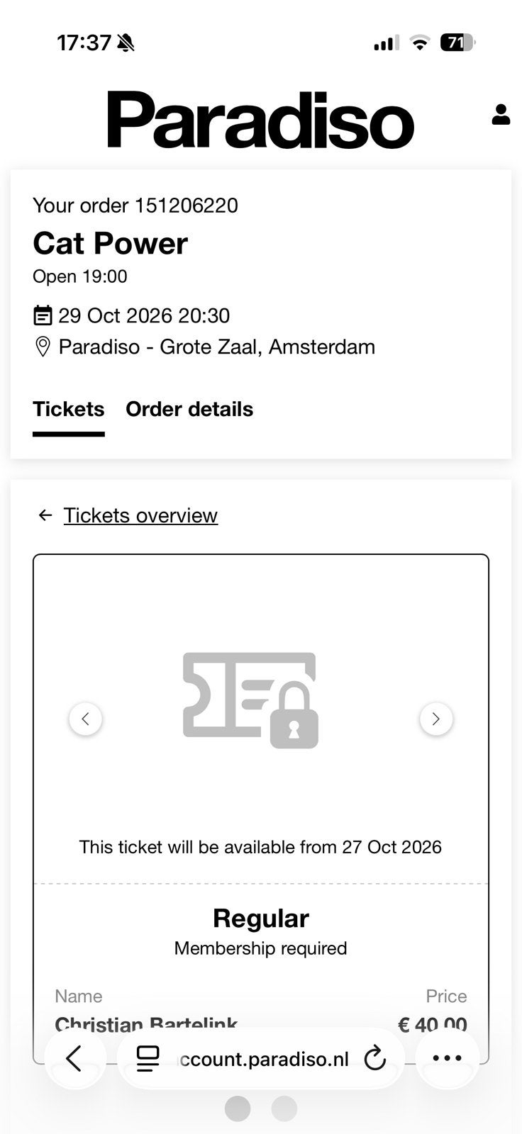 2 Concertkaartjes Cat Power - Paradiso, Twee personen, Oktober