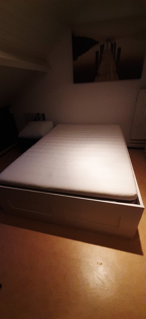 Bed tweepersoons Ikea Brimnes, incl. matras en lattenbodems, Ophalen, Wit, Tweepersoons, 140 cm