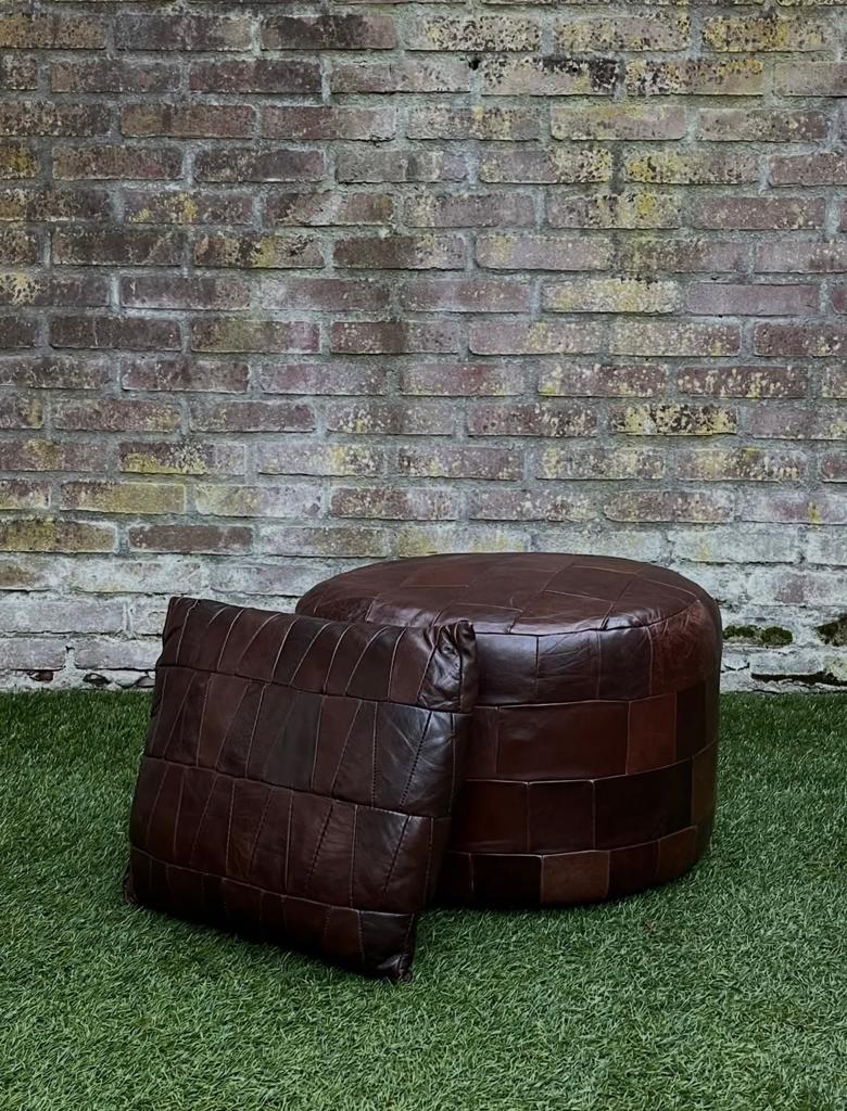 Patchwork poef bruin leer, Ophalen, Gebruikt