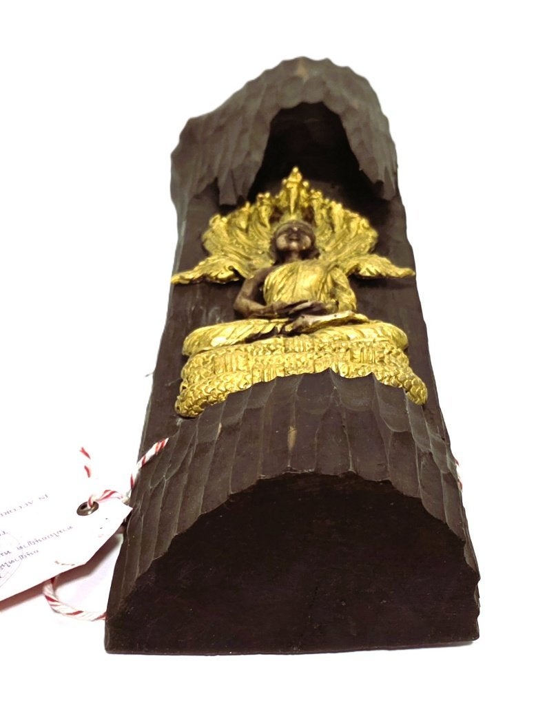 Boeddha in houten paneel/stam., 43 cm, Ophalen of Verzenden, Hout, Handgemaakt