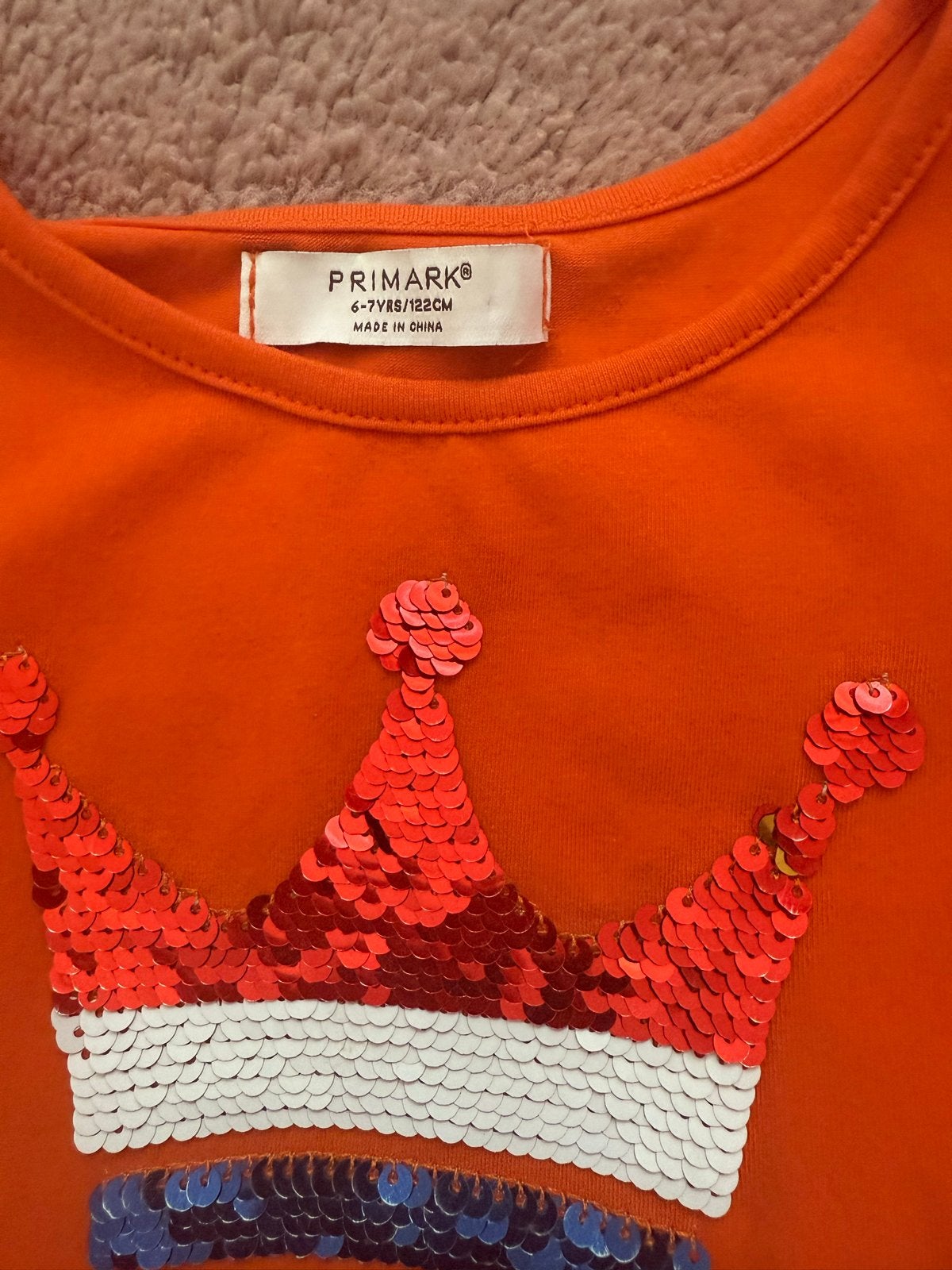 Oranje jurk met pailletten kroon - Primark 6-7 jaar, Ophalen, Gebruikt, Meisje, Jurk of Rok