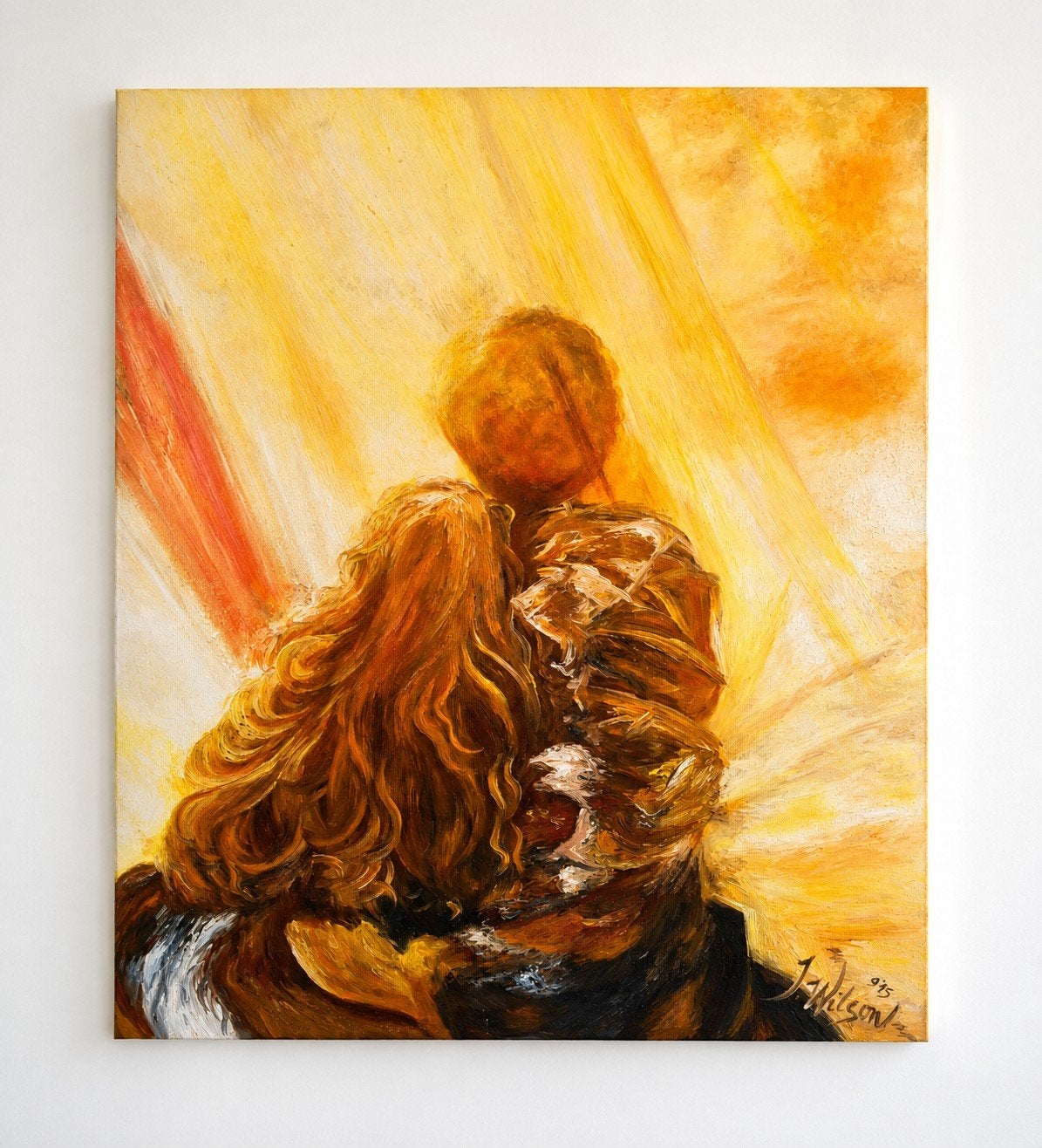 Groot origineel olieverfschilderij op linnen – J. Wilson1975, Ophalen, Figuren, Op houten frame, Olieverf