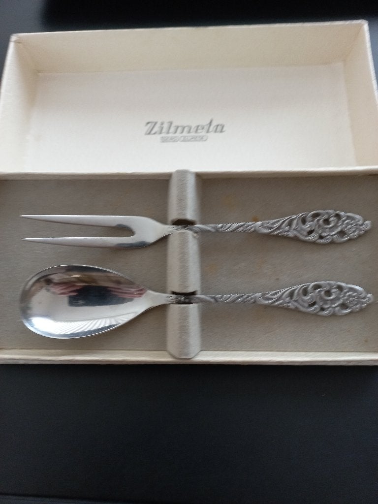 Verzilverde Sola Set Vleesvork en Lepel 1930 – 1940, Antiek en Kunst, Antiek | Bestek, Verzenden