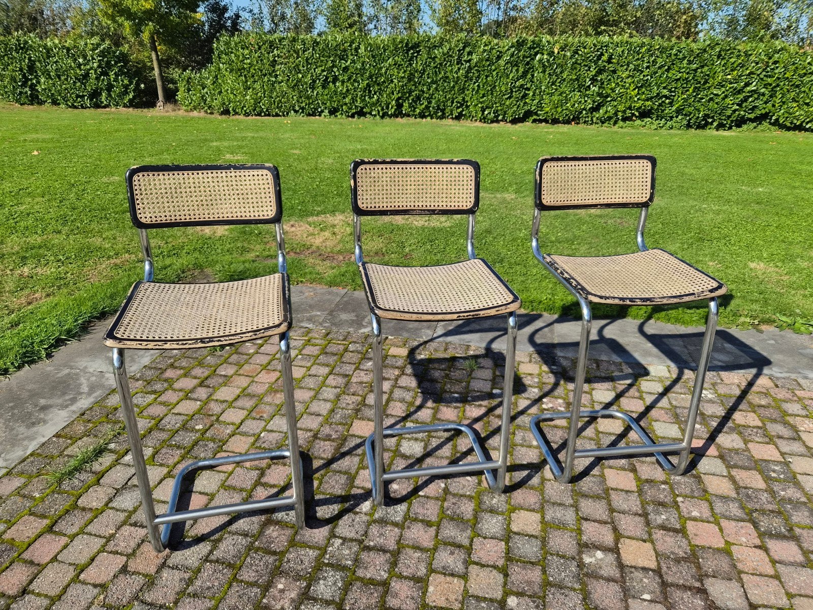 Set van 3 vintage barkrukken Marcel Breuer Cesca-stijl, Ophalen, Metaal, Gebruikt, Met voetsteun
