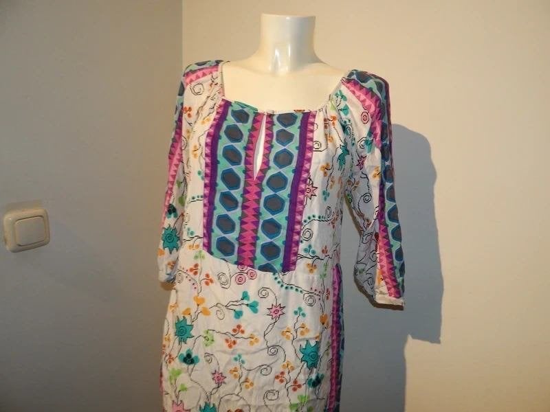 Antik Batik Ibiza styl jurk felle kleuren print zijde 40/m, Maat 38/40 (M), Zo goed als nieuw, Knielengte, Antik Batik
