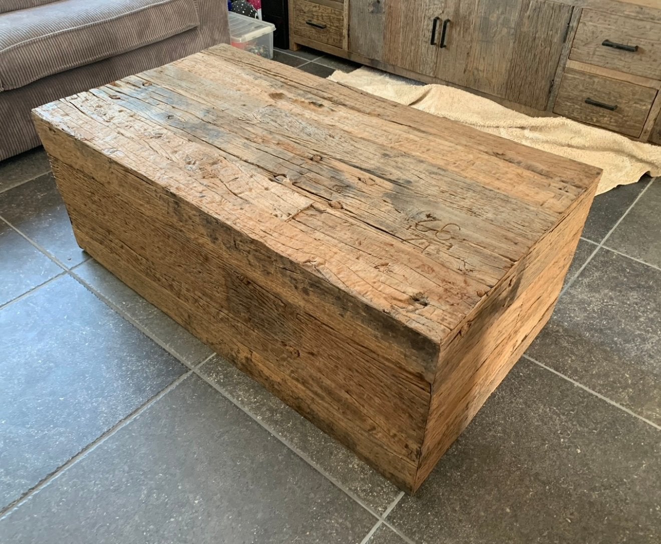 Mooie oud houten salontafel/blok., Ophalen, Zo goed als nieuw, Rechthoekig, 50 tot 100 cm
