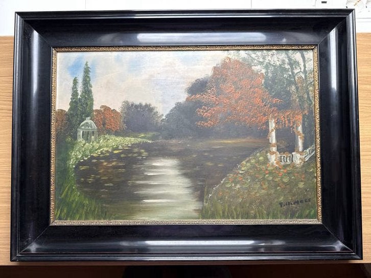 Olieverfschilderij Landschap met water en prieel, Ophalen of Verzenden