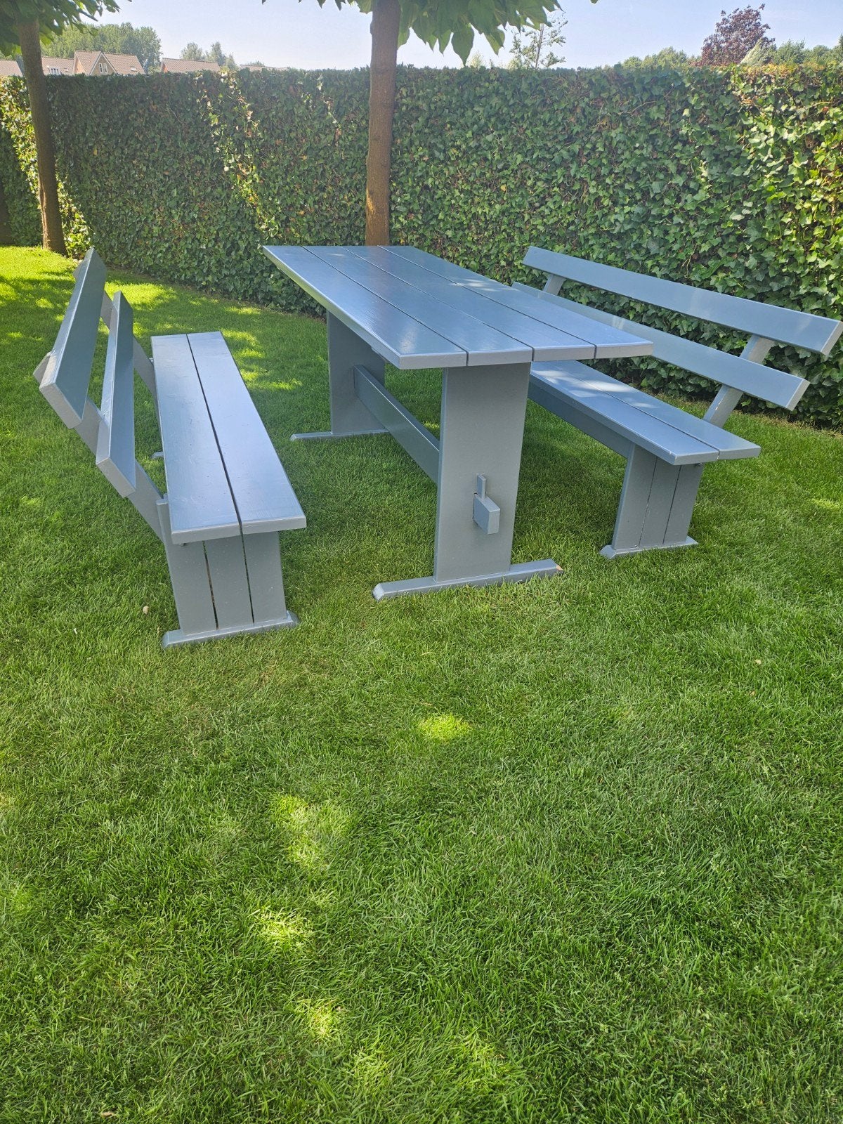Te koop mooie terras tafel en 2 banken, Ophalen, Gebruikt, Rechthoekig, Hout