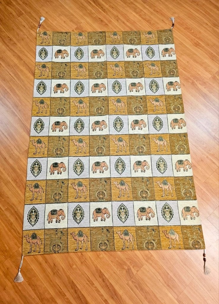 Grand Foulard Thailand Olifanten Kamelen aardetinten 202/135, Beige, Djt@dejuistetoon.eu, Ophalen of Verzenden, Zo goed als nieuw
