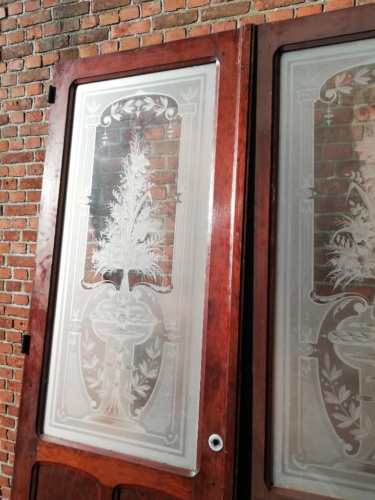 235,5hx161br Dubbele deur met bijzonder mooi geetst glas, Ophalen, Binnendeur, Zo goed als nieuw, Vouwdeur
