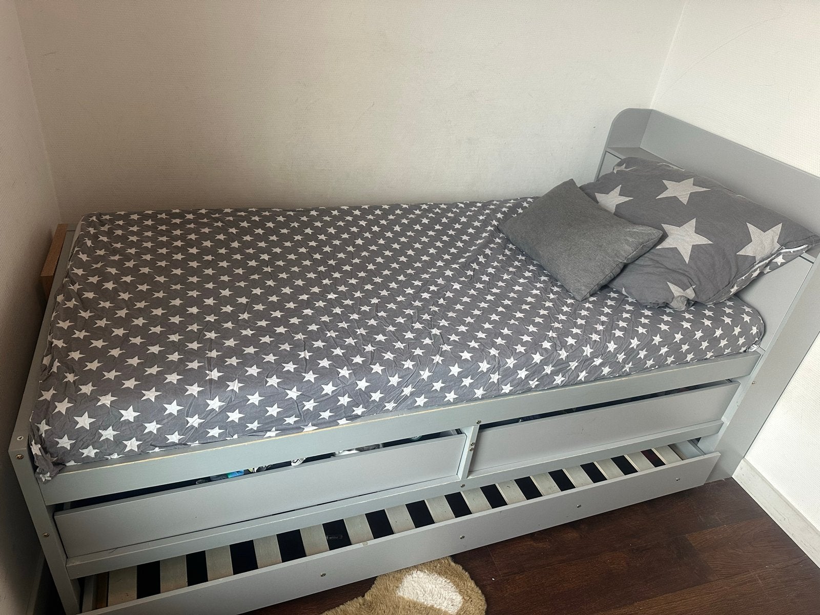 Eenpersoonsbed met opberglades - Grijs, Ophalen, Gebruikt, 90 cm, Eenpersoons