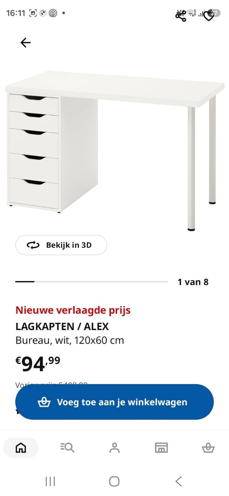 Ikea bureau. Lagkapten/Alex, Ophalen, 120 cm, Scandinavisch, Hout