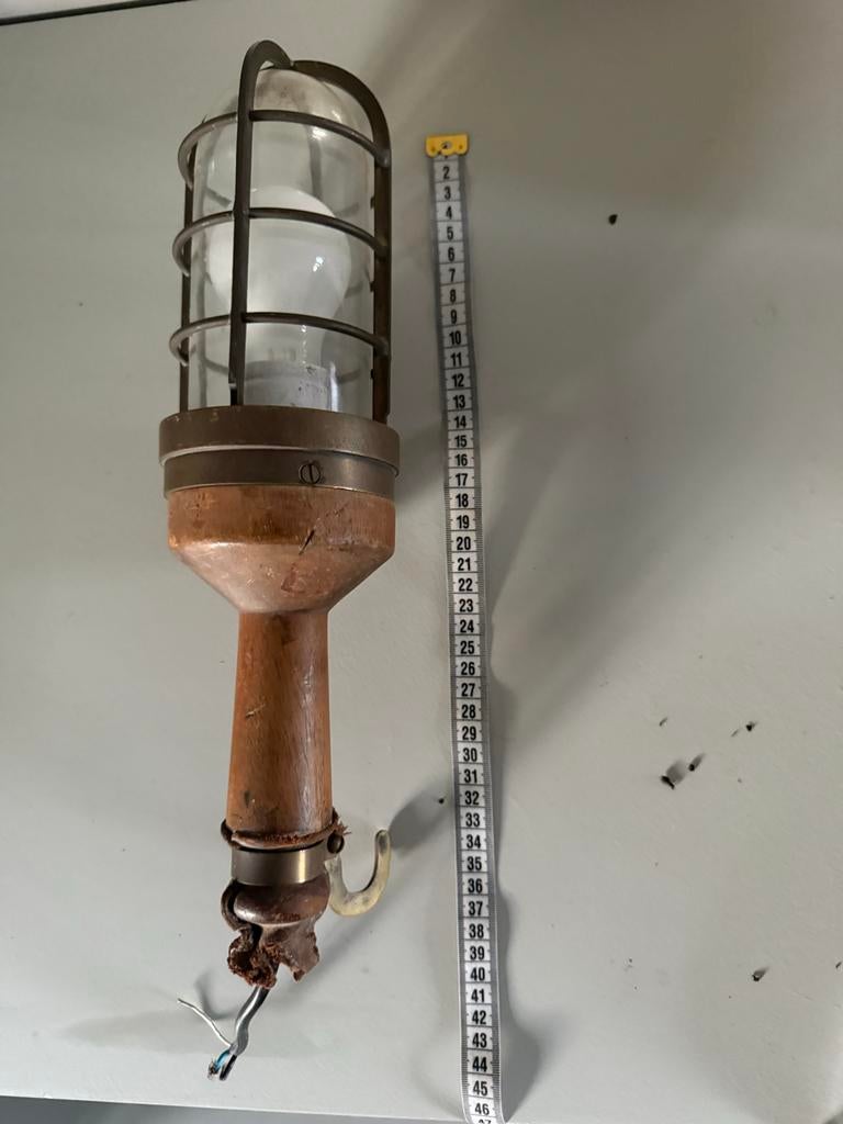 Antieke Industriële Looplamp - Hout & Messing, Ophalen of Verzenden