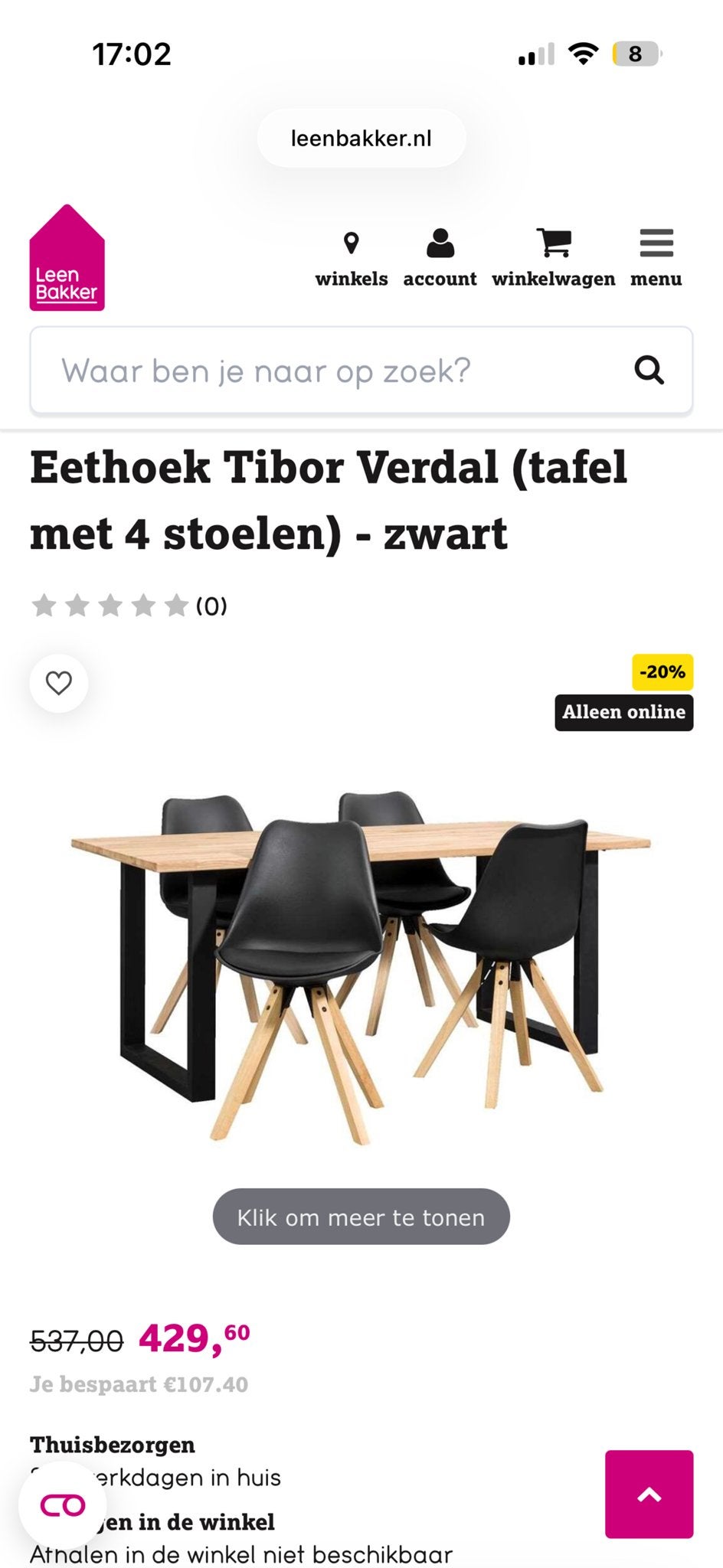 Eettafel Leenbakker 160x74x90 zwart/bruin, Ophalen, Gebruikt, 50 tot 100 cm, 150 tot 200 cm