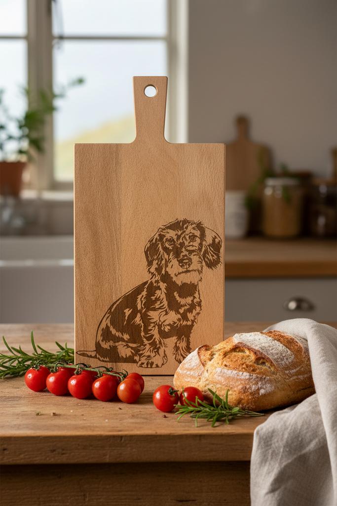 Snijplank met ruwharige teckel gravure - Hout, Huis en Inrichting, Keuken | Keukenbenodigdheden, Nieuw, Snij-/serveerplank, Hout