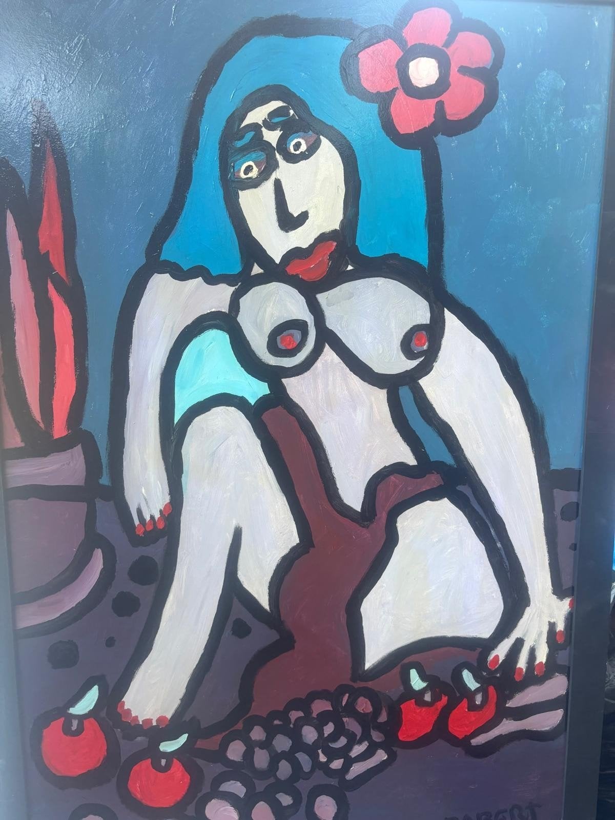 Modern schilderij van een vrouw met bloem en fruit, Antiek en Kunst, Kunst | Schilderijen | Modern, Ophalen, Figuren, Handgeschilderd