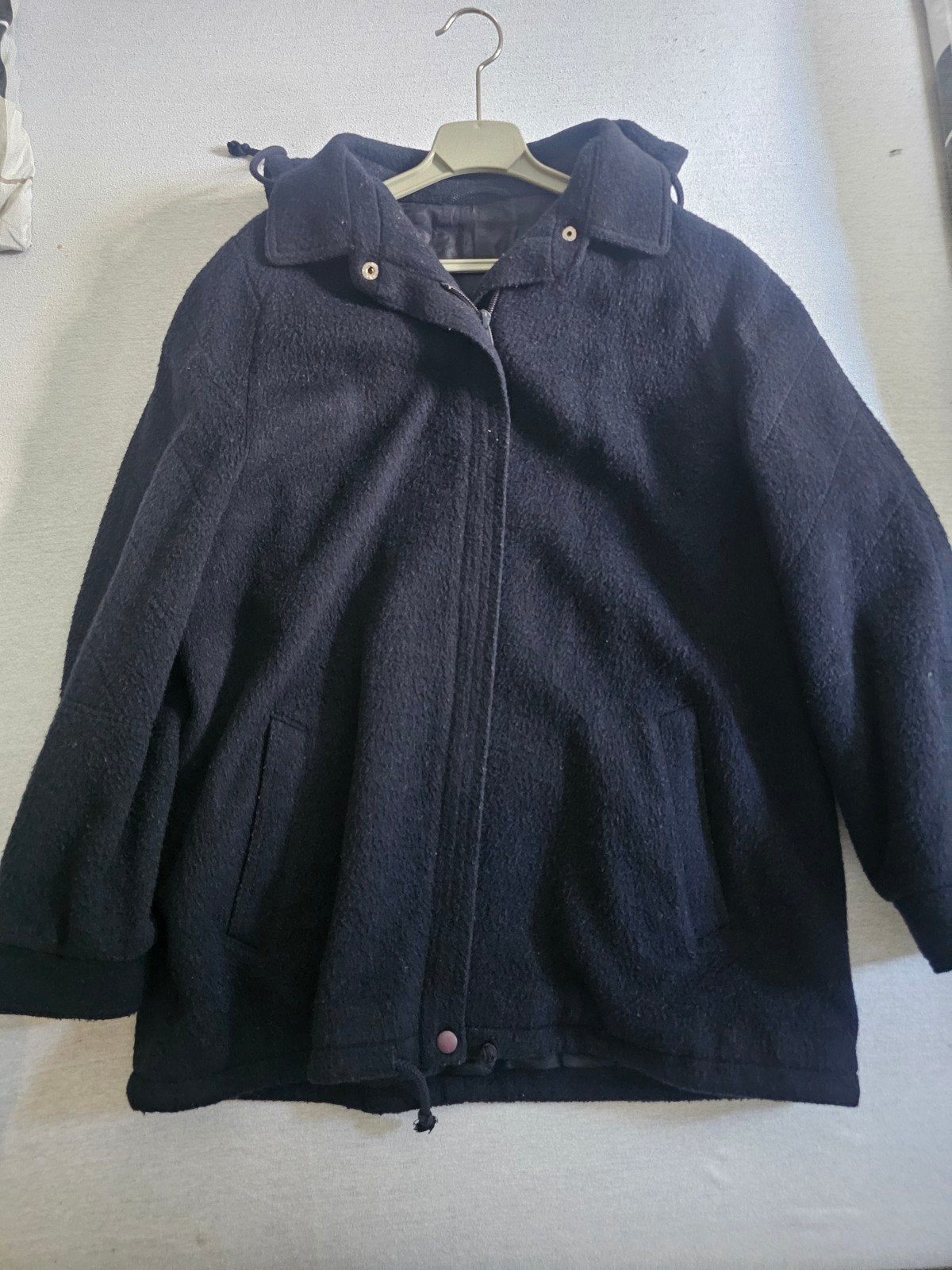 Donkerblauwe wollen jas met capuchon - Maat 42, Blauw, Maat 42/44 (L), Ophalen of Verzenden, Onbekend