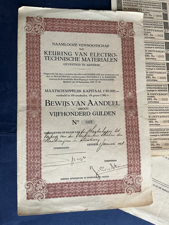 N.V. Keuring van Electro-Technische Materialen Aandeel, Postzegels en Munten, Aandelen en Waardepapieren, Verzenden, 1920 tot 1950