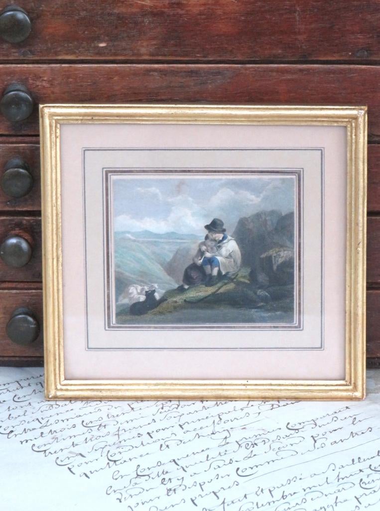 Oude litho “Herder, herderin & schaapjes, Antiek en Kunst, Ophalen of Verzenden