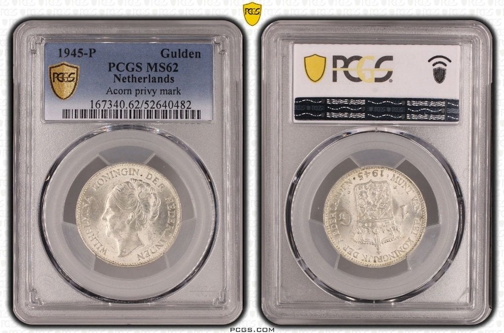 Nederland - 1 Gulden 1945 EP in PCGS slab MS62 - ZELDZAAM, Postzegels en Munten, Munten | Nederland, 1 gulden, Zilver, Ophalen of Verzenden